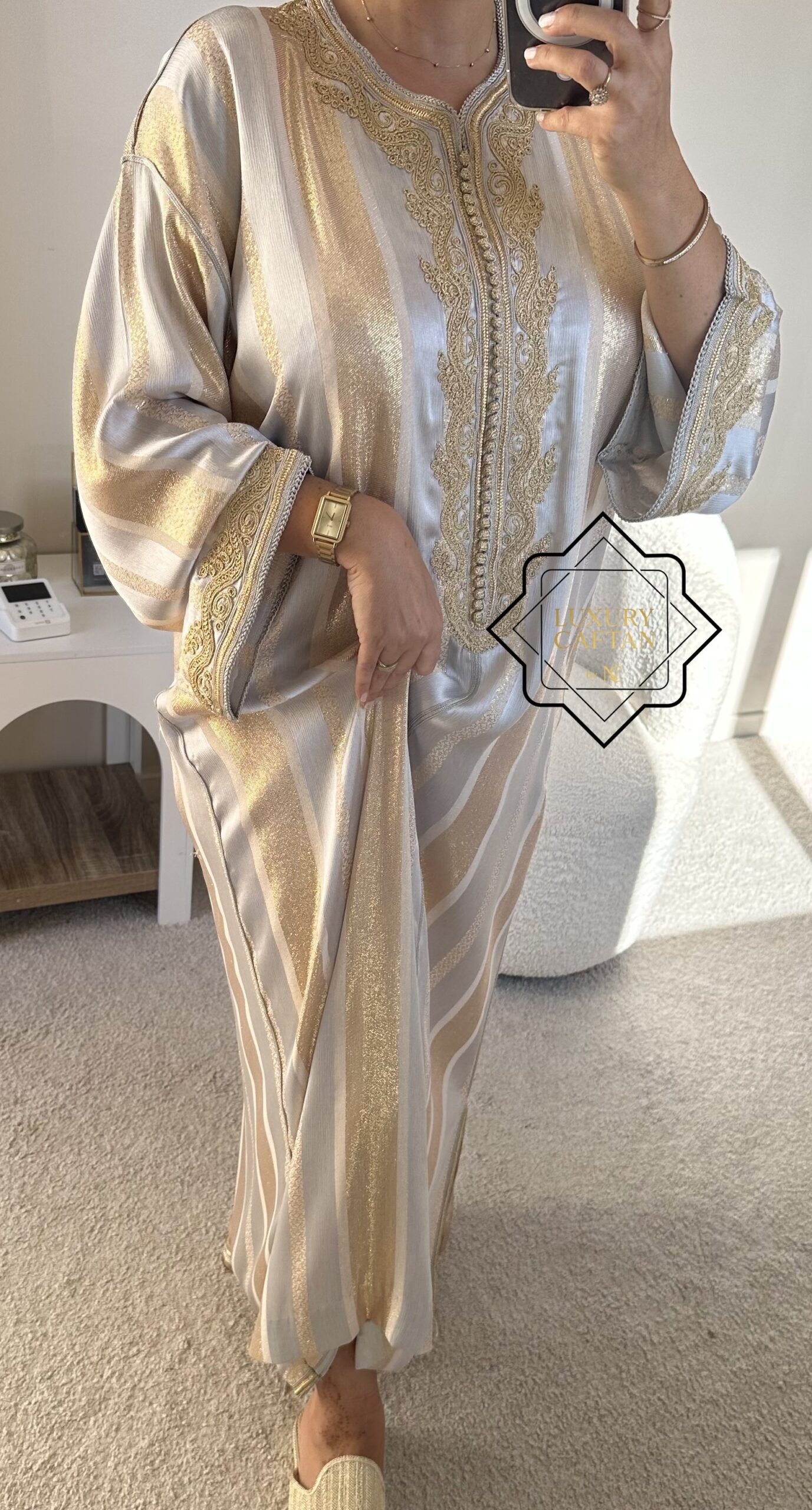 🧵🪡CAFTAN JOHARA Gris et Doré